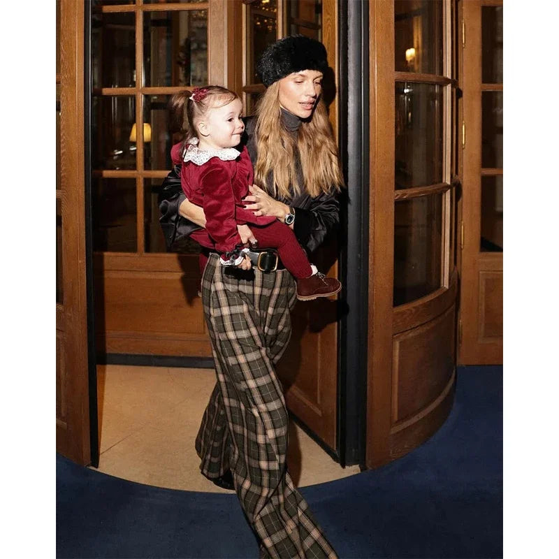 Chic Green Plaid Print Loose Pants Women Casual High Waist Straight Wide Leg Trousers Party Daily Classic Attire 2026 Spring