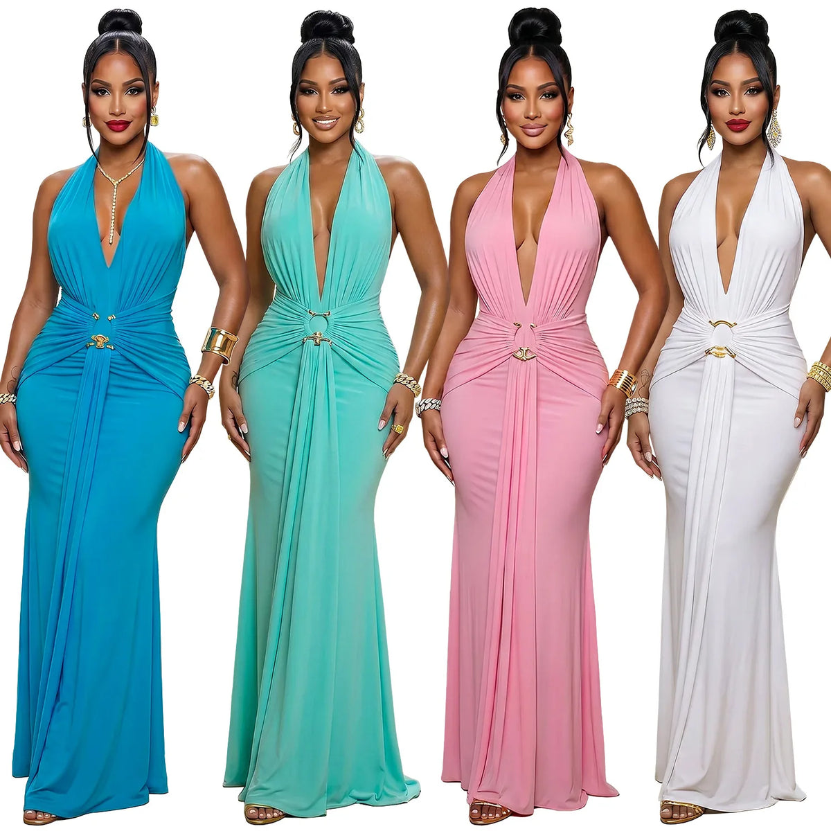 EINY Sexy Women White Halter Maxi Dress Elegant Backless Ruched Bodycon Long Gown Party Club Night Birthday Mermaid Dresses Y2K