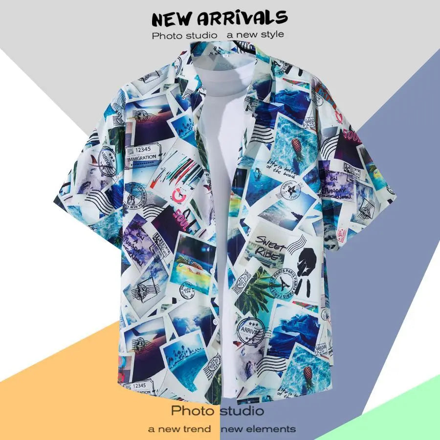 New Summer Casual Short Sleeved Shirt Korean Version Fashionable Men's and Women's Loose Collar Hawaiian Seaside Flower Shirt