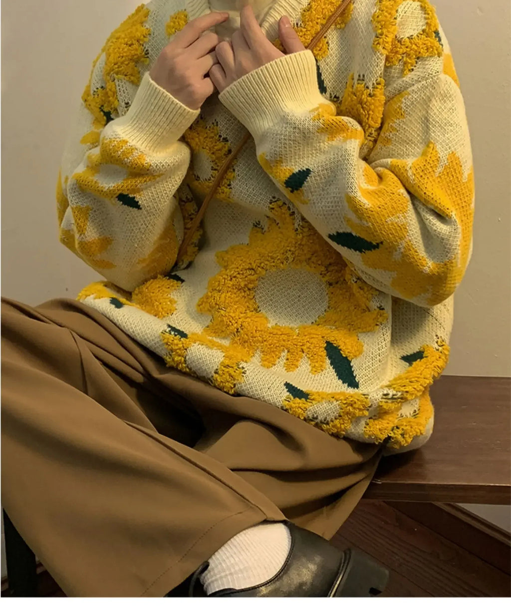 Flocking Floral Sweaters Men Baggy Spring Autumn Japanese Style Retro   High Street Harajuku Knitwear Slouchy Ins