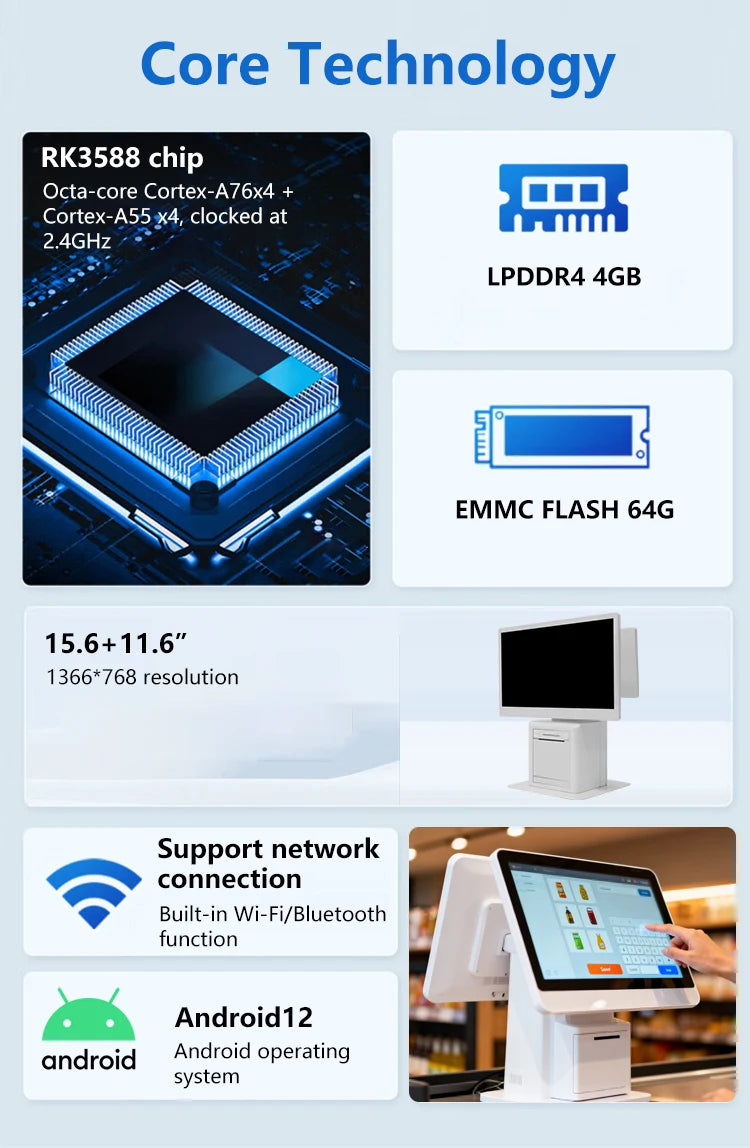 Dual Screen Touch Android Cash Register for Aliexpress, with Cash Drawer for Supermarkets Retail Stores Restaurants