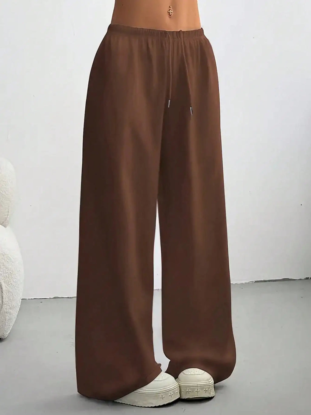 2026 Women's Casual Four Seasons - Comfortable Loose Solid Color Drawstring Elastic Belt Wide Leg Running Pants