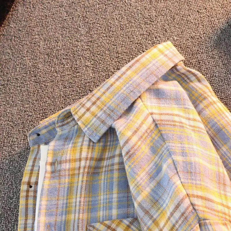 Retro Japanese Plaid Long Sve irt Men's Casual Loose Fit Spring Autumn Wear for Students And Couples Youth Faion