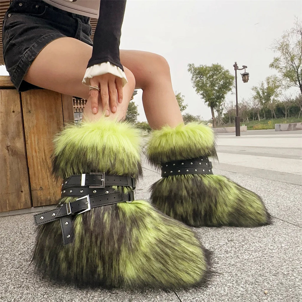 Winter Fur New Design Onepiece Raccoon FurFemale Snow Boots Fur shoes OutdoorMid Leg Boots y2k Cool Pink Girl