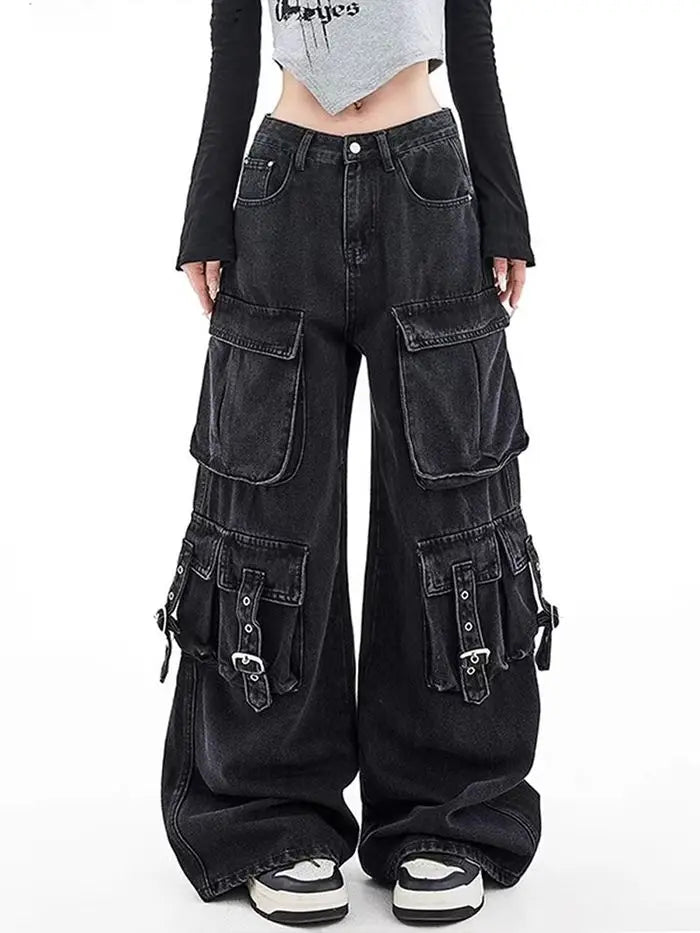 Black Gothic Punk Multi-Pocket Zipper Denim Jeans Men And Women Y2K American Baggy Fashion High Waist Loose Wide-Leg Jeans
