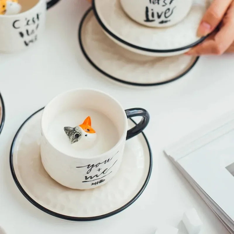 Modern Cartoon Cute Cat Ceramic Coffee Cup with Saucer Cute Cat Animal Porcelain Mug for Kids Birthday Gift Breakfast Milk Mug