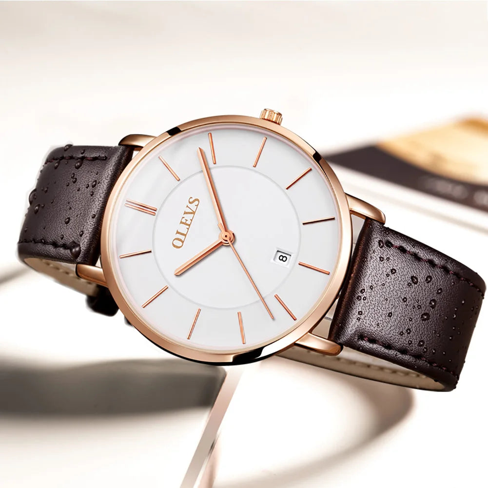 Top Brand OLEVS Ultra Thin 6.5mm Minimalist Fashion Quartz Watch for Men Leather Strap Auto Date Male Waterproof Mens Wristwatch
