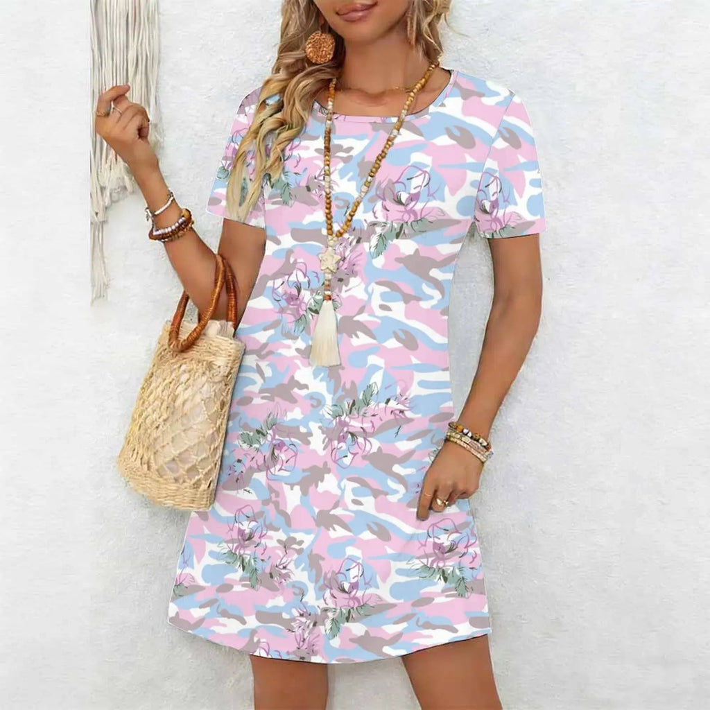 Women's Classic Leopard Print Short Sleeve Round Neck Midi Dress Loose Casual A Line Daily Wear Dress