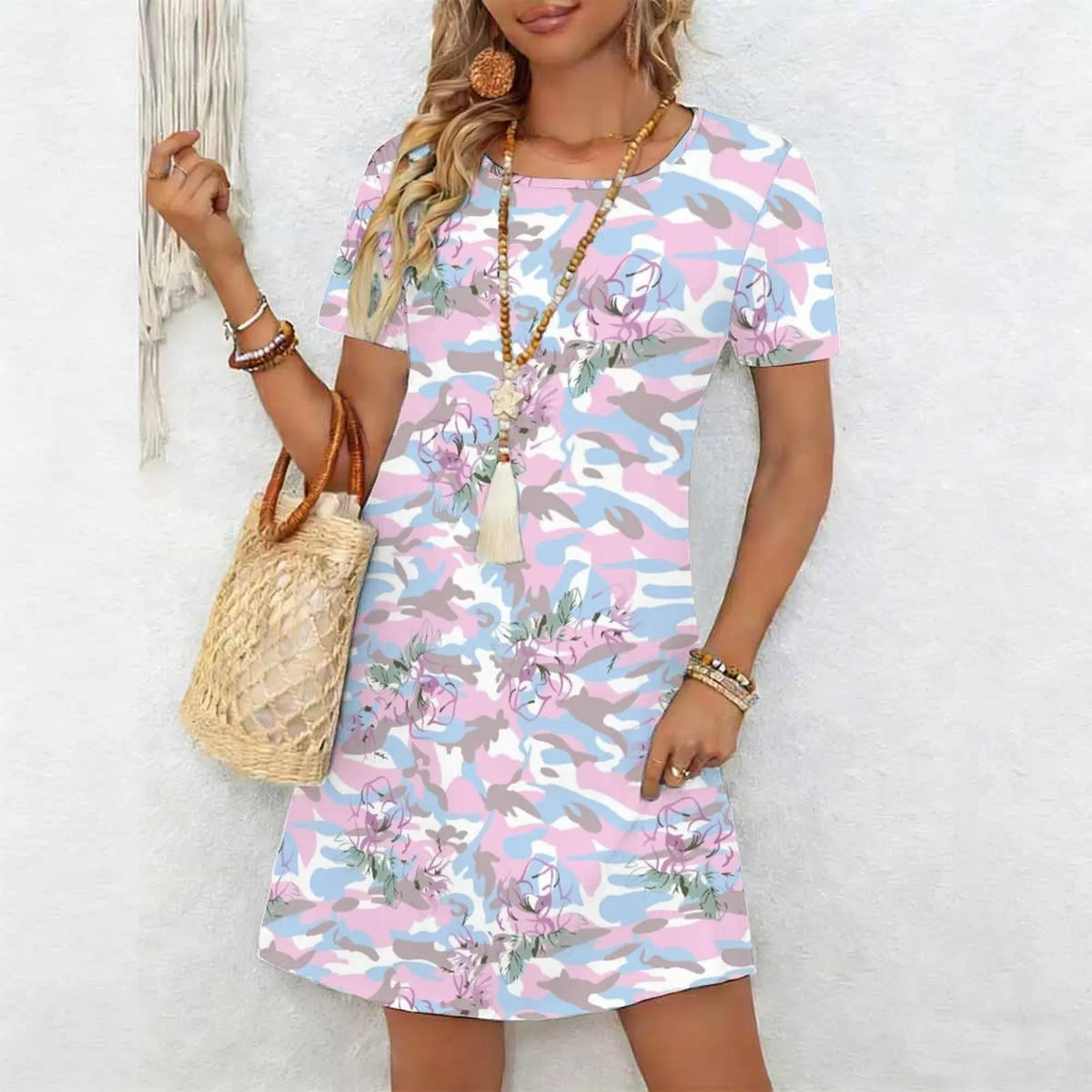 Women's Classic Leopard Print Short Sleeve Round Neck Midi Dress Loose Casual A Line Daily Wear Dress