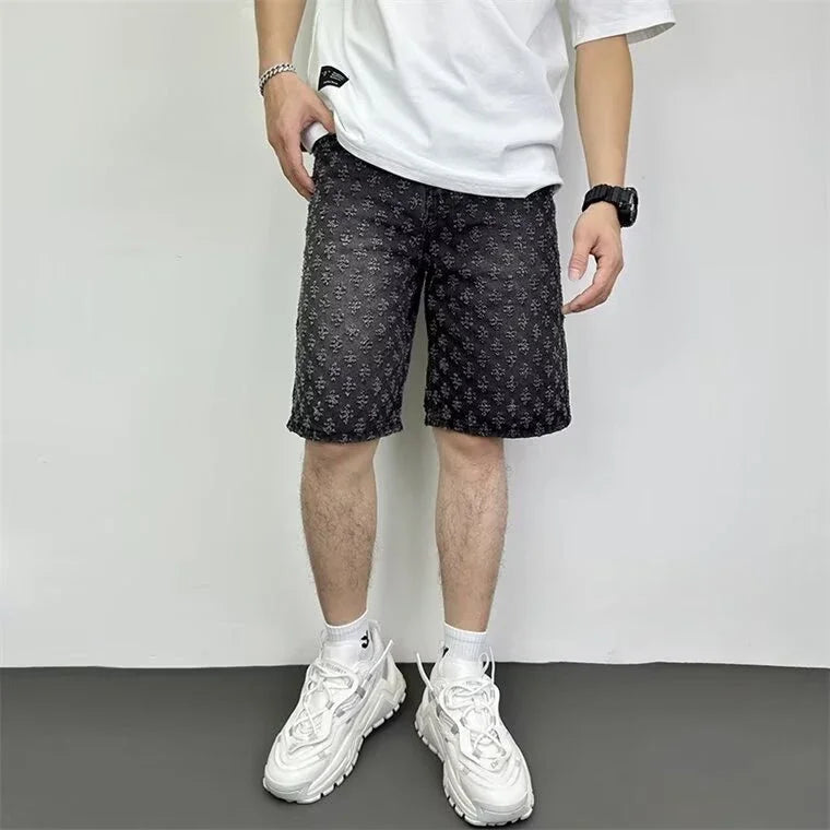 Workwear Pants, Washed Denim Shorts, Men's Denim Shorts, Designer High Street Fashion Loose Fit Fir Straight Leg Men's Shorts