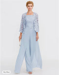 Pantsuit 3 Piece Mother of the Bride Dress Formal Fall Wedding Guest Dresses Square Neck Floor Length Chiffon Lace Wrap 2024