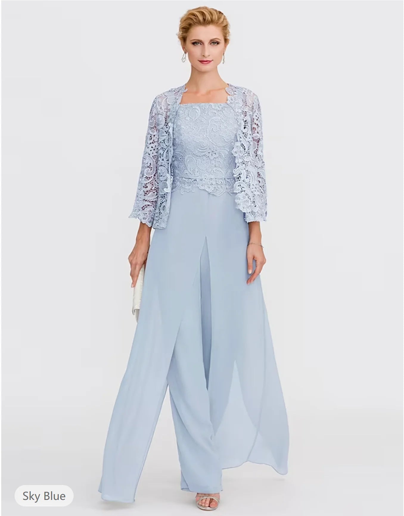 Pantsuit 3 Piece Mother of the Bride Dress Formal Fall Wedding Guest Dresses Square Neck Floor Length Chiffon Lace Wrap 2024