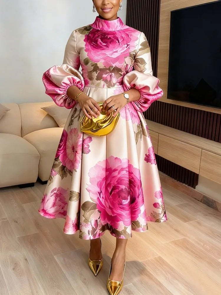 Stylish Women's Flower Printed Stand Collar Elegant Evening Maxi Dresses 2026 New Puff Sleeves Loose Pleated Party A-Line Dress