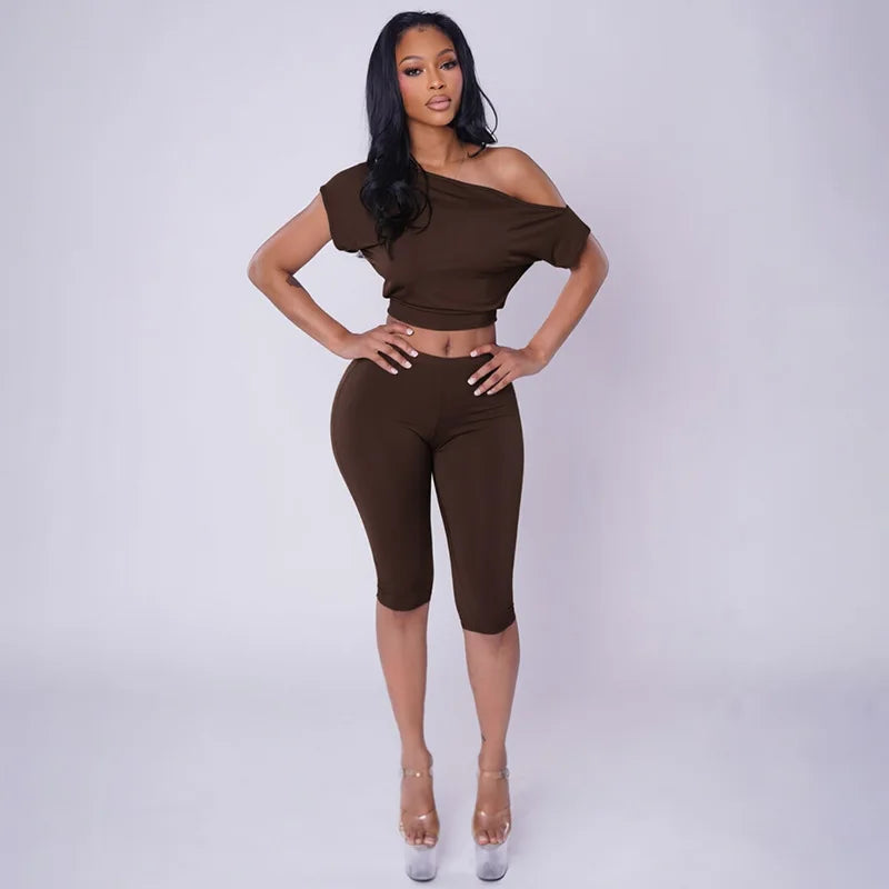 One Shoulder Solid 2 Piece Set Women Summer Short Sleeve Crop Top Shirt Pant Matching Sets Beach Vacation Outfit Streetwear Gift