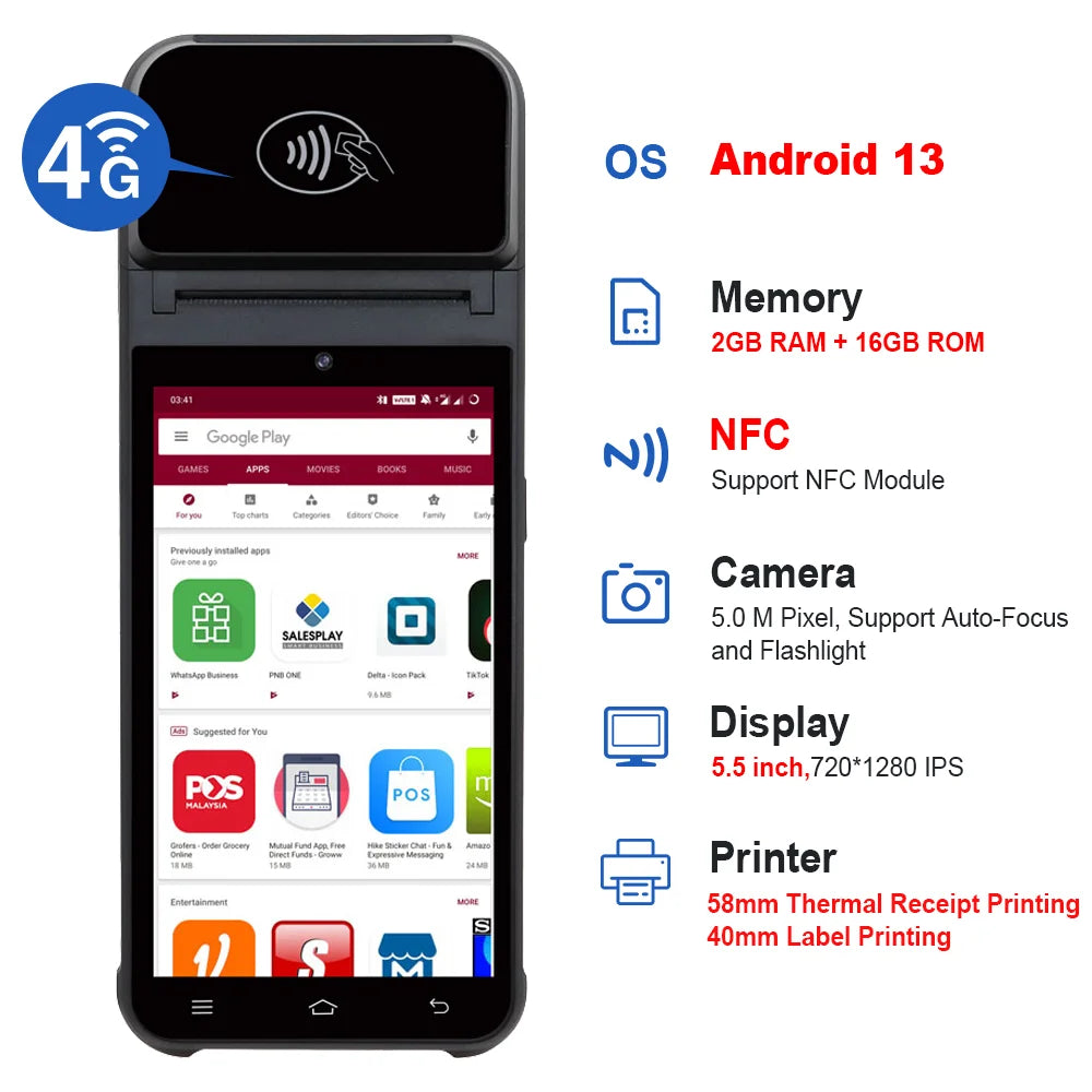 Android 14/13/11 Handheld Terminal POS Printer Portable 58mm Thermal Receipt Printer 4G NFC Ticket Bill POS PDA Impressora