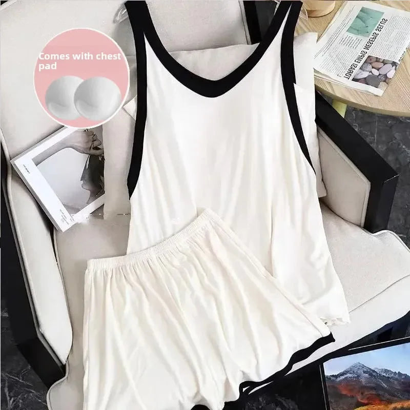 Women Sleeveless Summer Casual 2/pce Set Girls Spaghetti Strap Vest Shorts Outfit Lady Color Blocked Bra Pad Fashion Loungewear