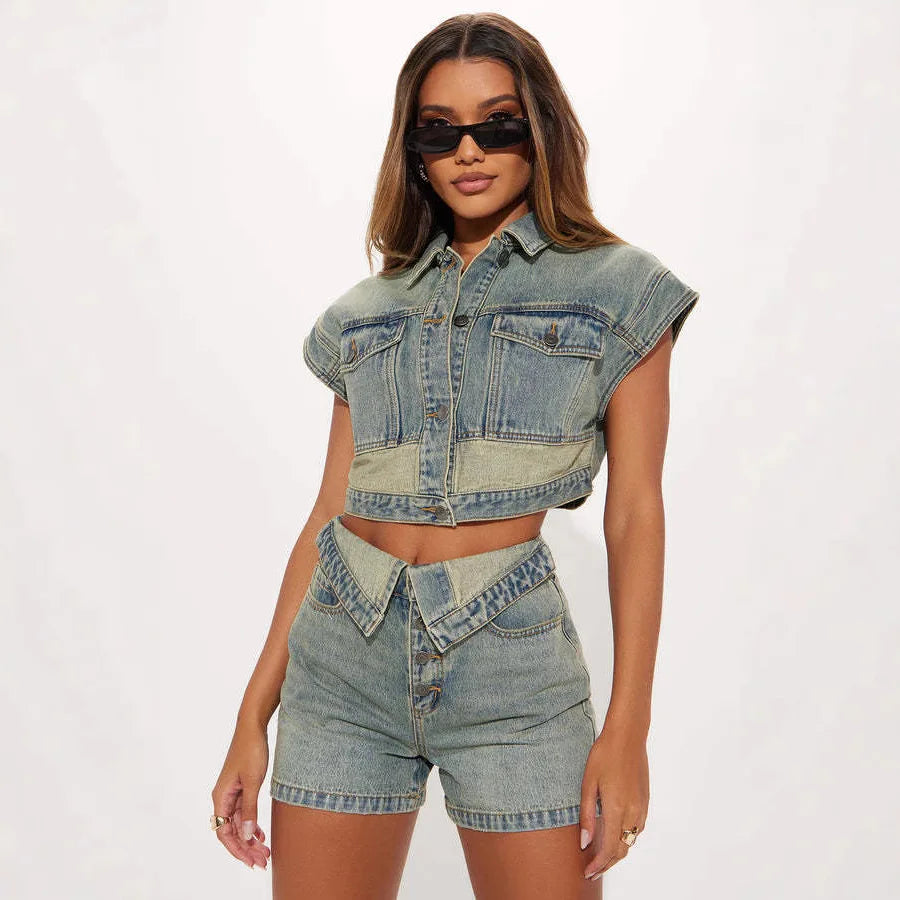 Shorts Sets Women Denim 2 Piece Suit Top Jeans Ensemble Summer 2025 Single Breasted Turn Down Collar Short Pants Vintage Outfits