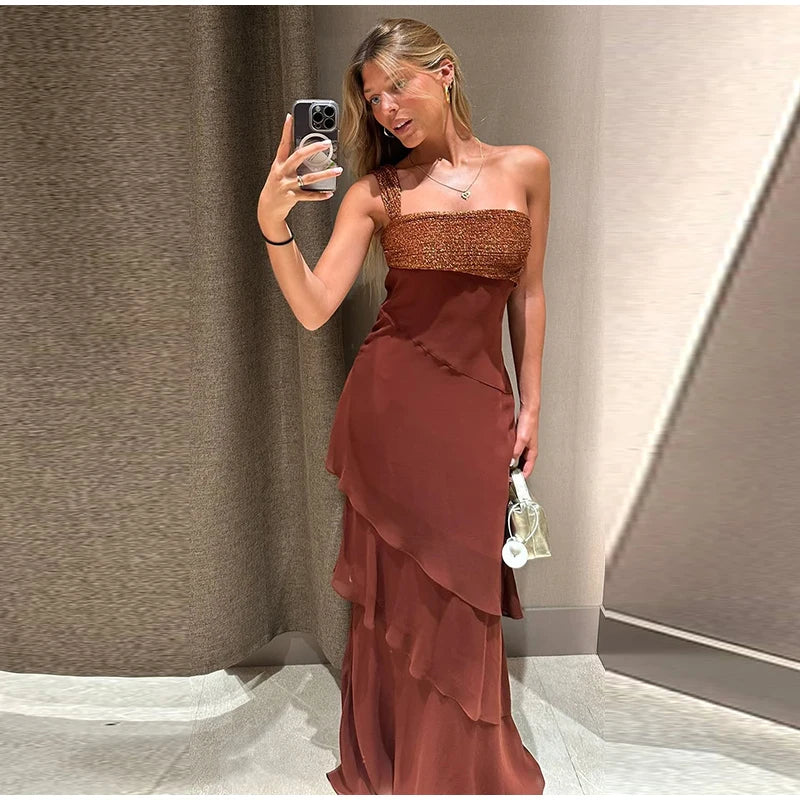 Elegant Patchwork Women's Dress Sleeveless Cascading Ruffle Skew-Collar Lady Long Dresses 2026 Summer Chic Female Vacation Robe