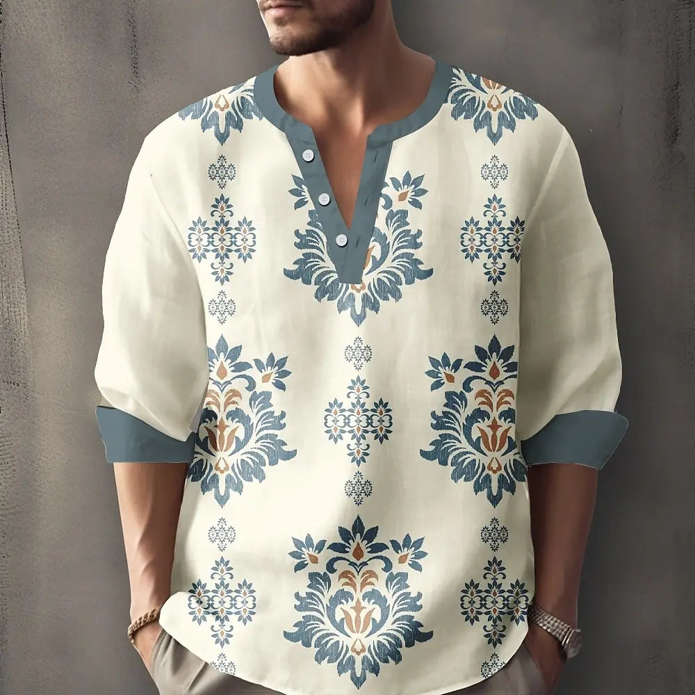 Retro Spring and Autumn New Men's Fashion T-shirt Casual Long Sleeve V-neck Polo Shirt