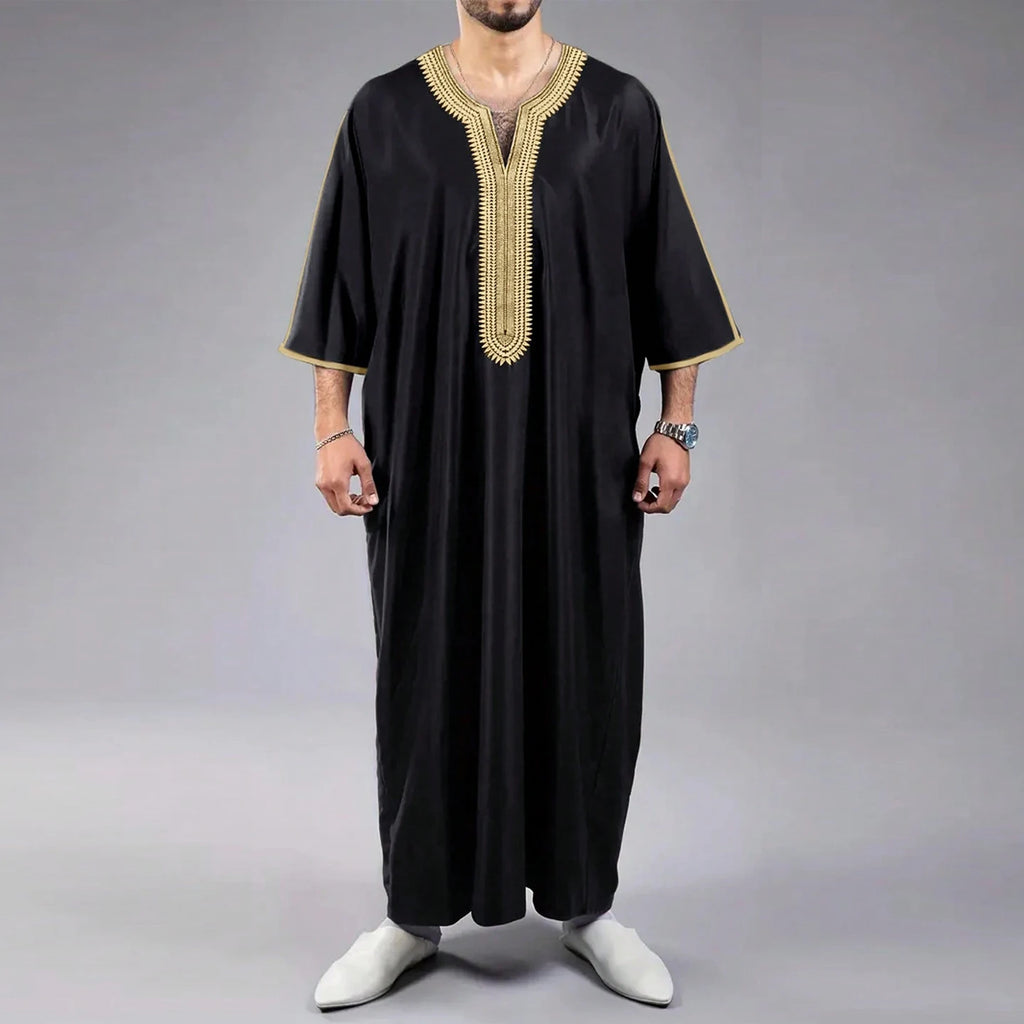 Arab Muslim Men's Robe  Ethnic Style Embroidered Moroccan Style Casual Traditional Islamic Thobe Long Dress Prayer Gown