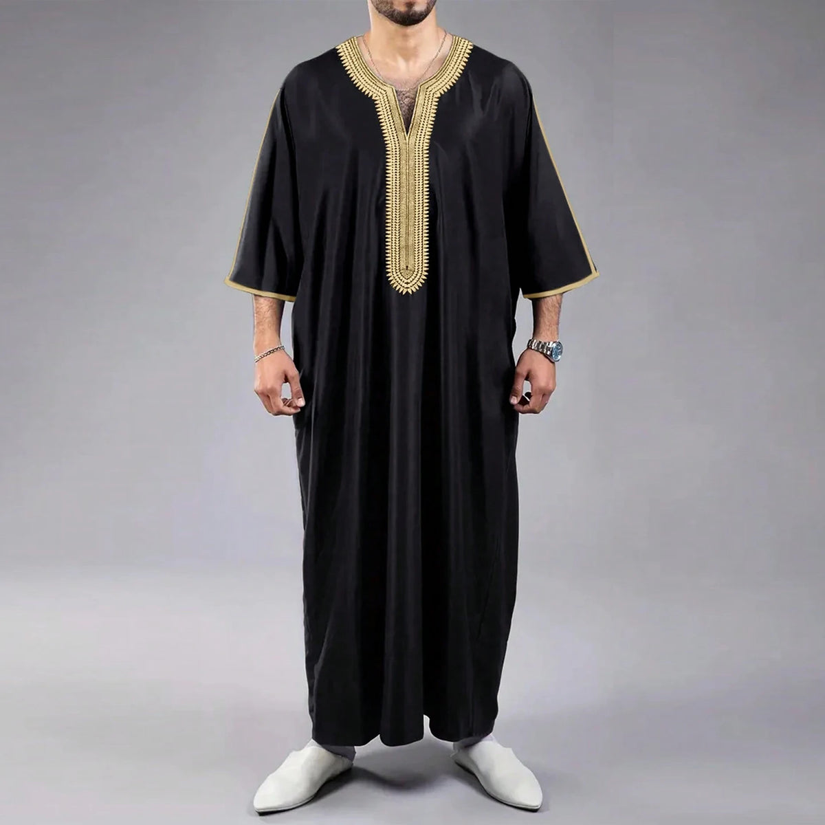 Arab Muslim Men's Robe  Ethnic Style Embroidered Moroccan Style Casual Traditional Islamic Thobe Long Dress Prayer Gown