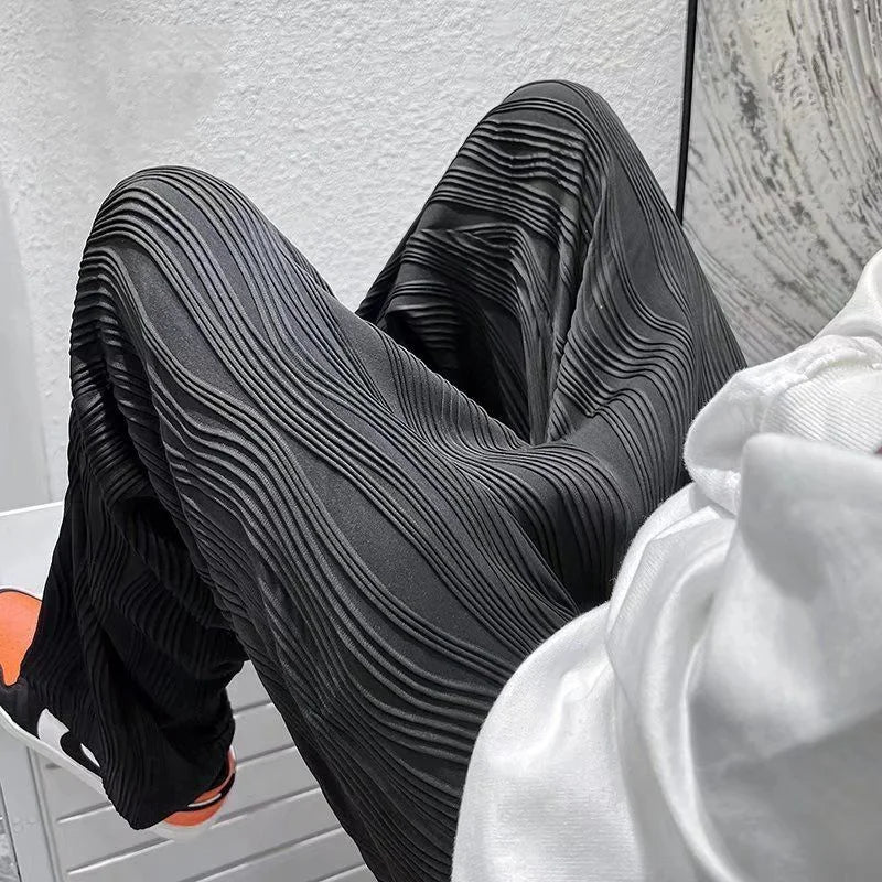 Summer Korean Fashion Simple Ice Silk Wide Leg Pants Men Solid Elastic Waist Pockets Thin High Street Loose Straight Trousers