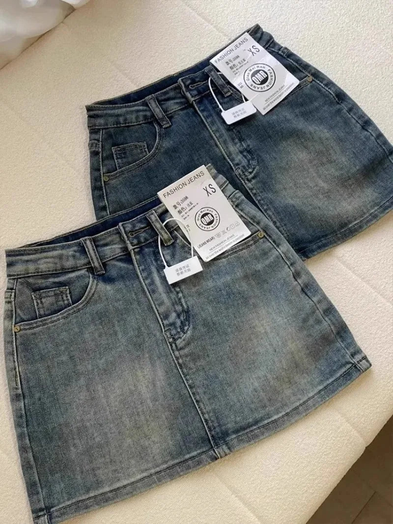 Sexy Retro Denim Skirt Women Anti-Light High Waist A-Line Slimming American Hot Girl Wrap Body Skirt Summer Fashion Mini Skirt