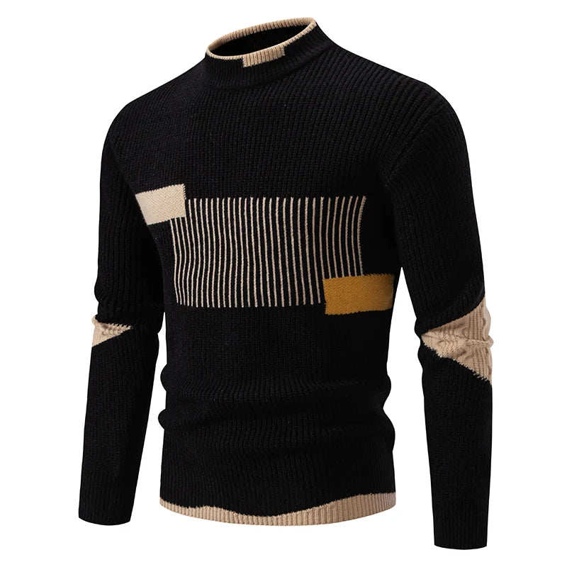 Striped Jacquard Man Pullover Sweaters Jersey Cuello Alto Hombre Autumn Winter Half High Collar Long Sleeve Men Knitted Sweater