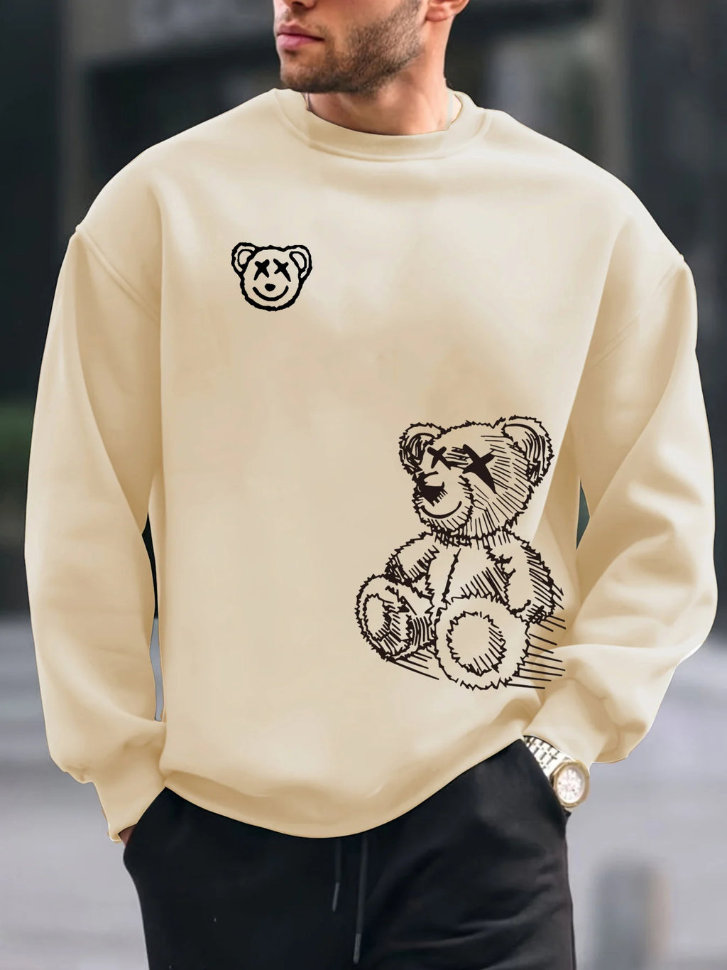 Men's autumn and winter fashionable casual loose cartoon bear graphic printed long sleeved round neck sweatshirt