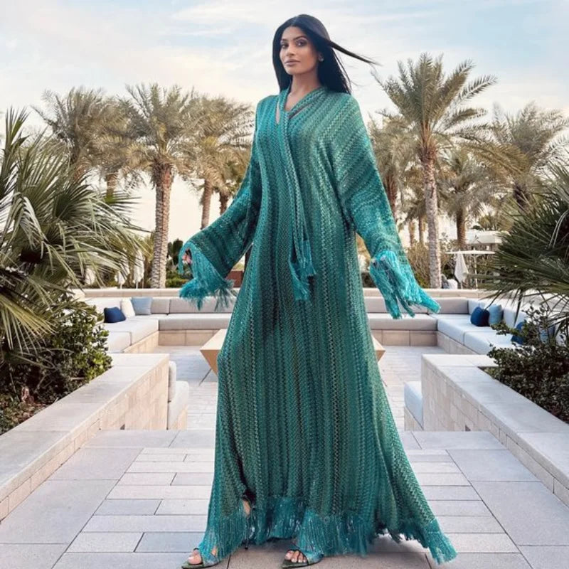 Elegant Tassel Hem Long Dress Women Loose V-neck Full Sleeve Scarf Dresses 2025 Autumn Party Evening Dresses Luxurious Lady Robe