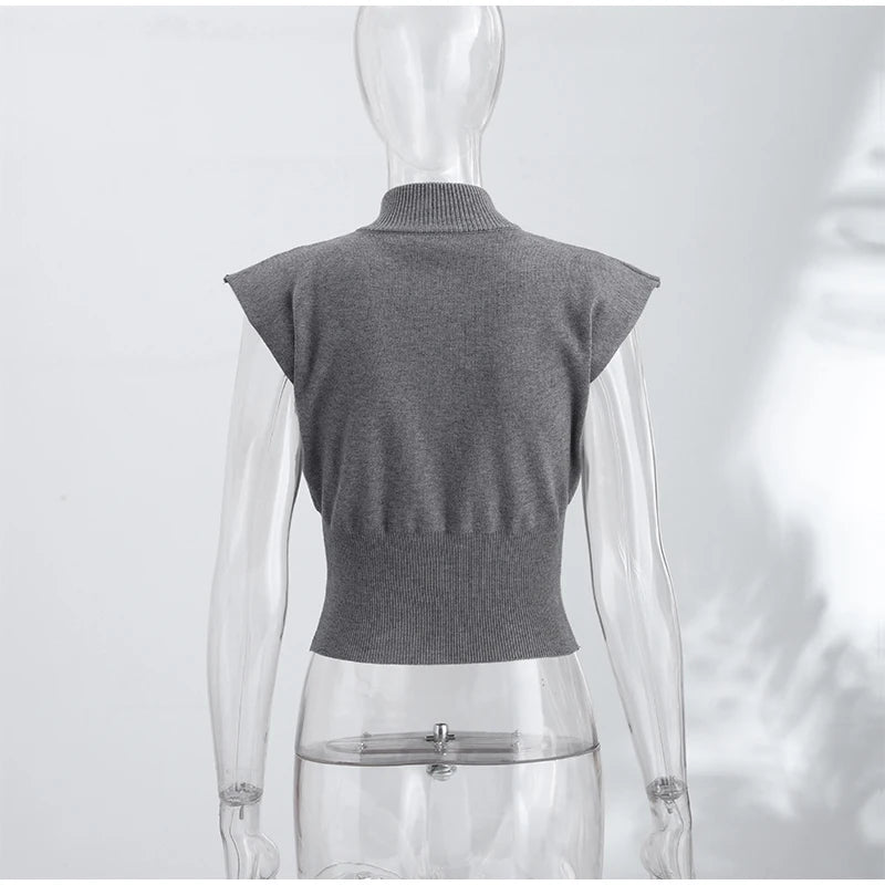 Women's Double Zipper Knit Vest Stand Collar Shoulder Pad Sleeveless Slim Cropped Sweater 2026 Autumn All-match Casual Outfits