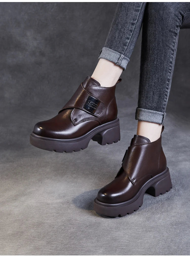 DRKANOL Wide Head Design Women Platform Boots Autumn Winter Warm Thick High Heel Hool And Loop Metal Genuine Leather Ankle Boots