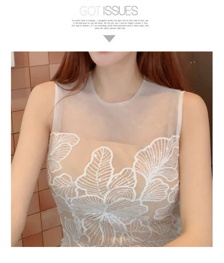 Fashion Slim O-Neck Long Party Casual Dress Hot Sale Summer Dresses Korean Retro Sleeveless Mesh Embroidery Vestidos