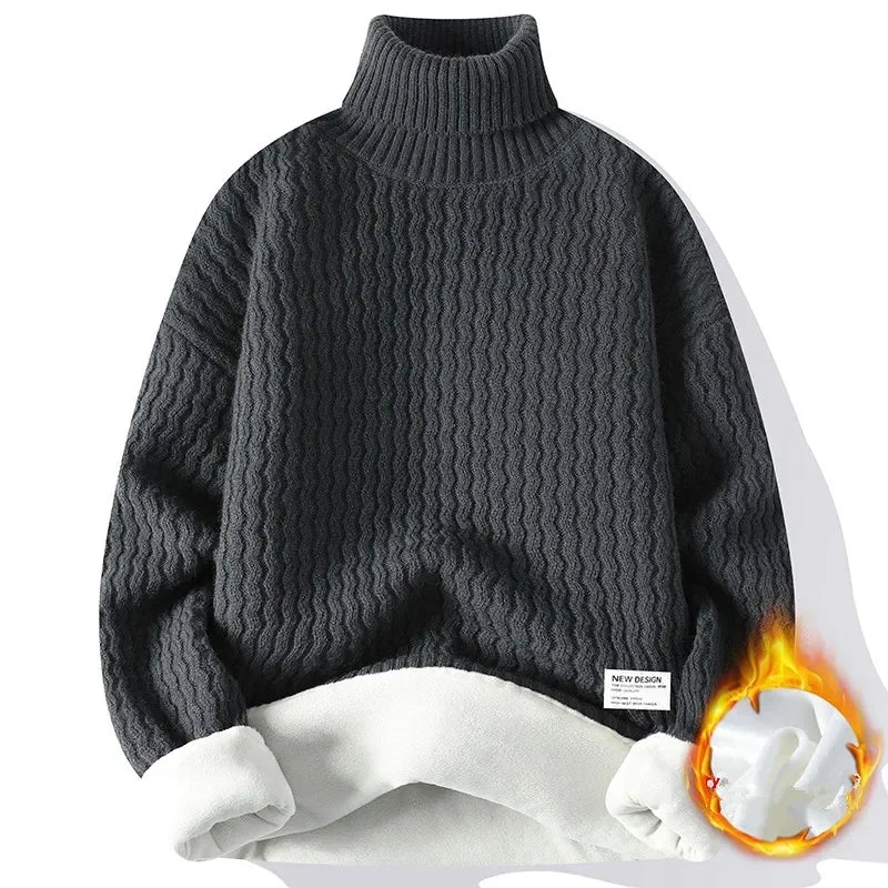 New Winter Fleece Turtleneck Sweater Men Warm Knit Pullovers Mens Casual Knitted Sweaters Solid Color Turtleneck Knitwear Man