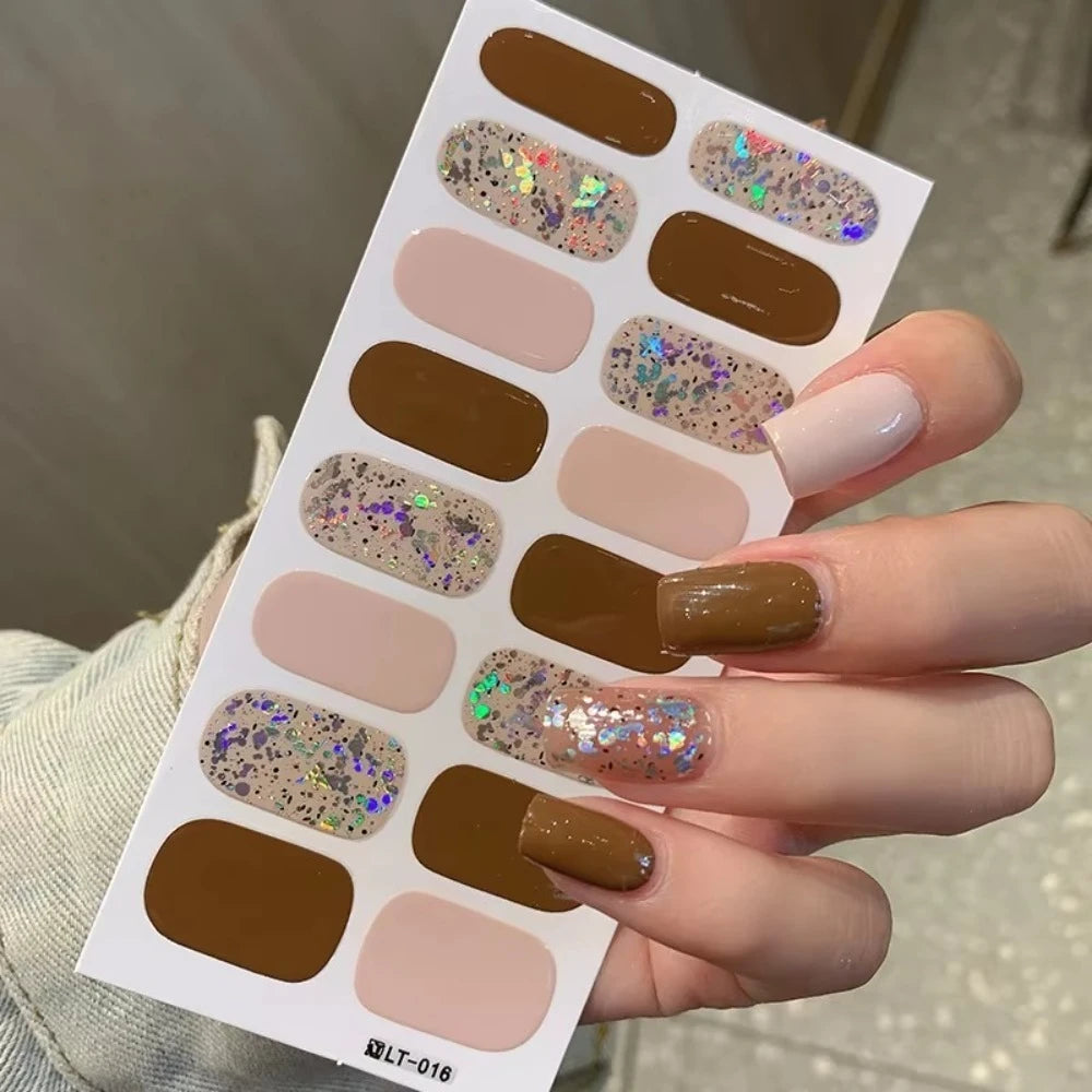 32 Strips Autumn Nail Stickers Semi Cured Full Cover Gel Nail Polish Strips Manicure Leopard Print Nail Patch