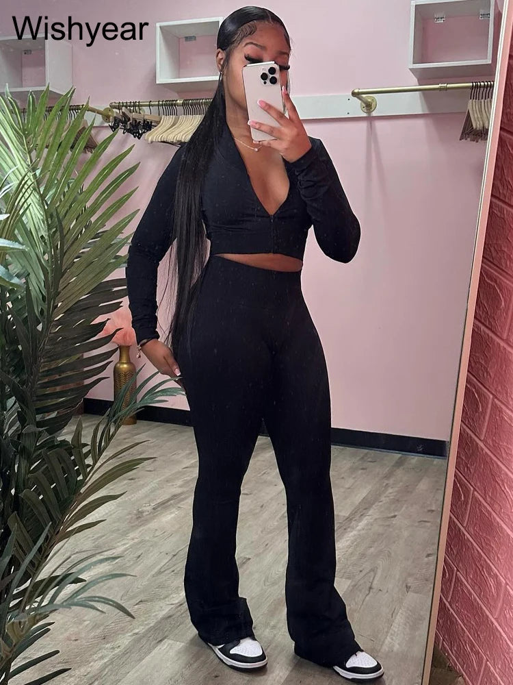 Fashion Solid 3 Pieces Sets Women Long Sleeve Crop Tops+Tanks+Flare Pants Active Fitness  Jogging Tracksuits Streetwear Outfits