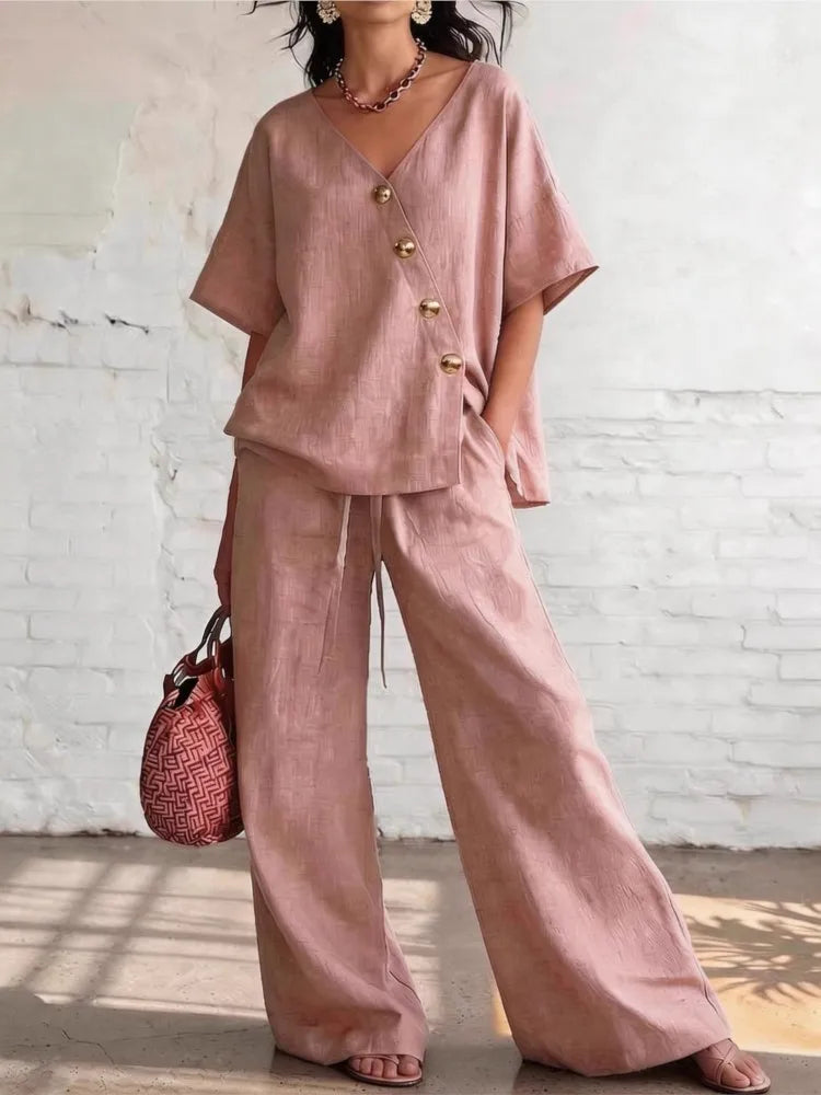 Casual Cotton Loose Pants Sets Women Summer 2026 Fashion Short Sleeve V-neck Tops And Wide Leg Pant 2 Piece Set Woman Outfits