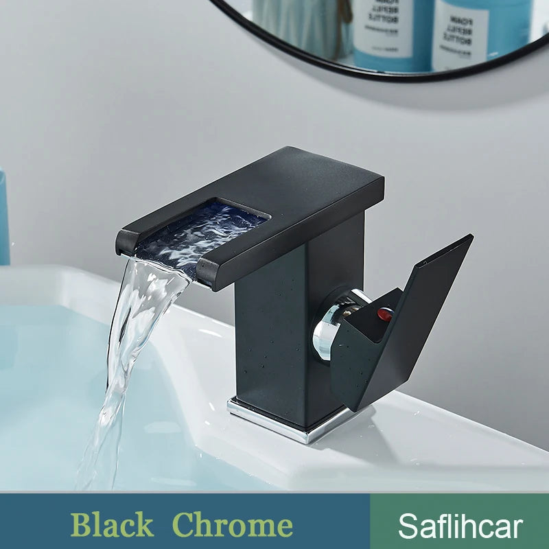 LED Black Basin Faucet Tall And Short Tap Bathroom Single Handle Cold and Hot Water Flow Produces Electricity