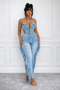 Hollow Out Tassel Jeans Jumpsuit Sexy Women Spaghetti Strap Elegant Streetwear Denim Pencil Overalls Romper