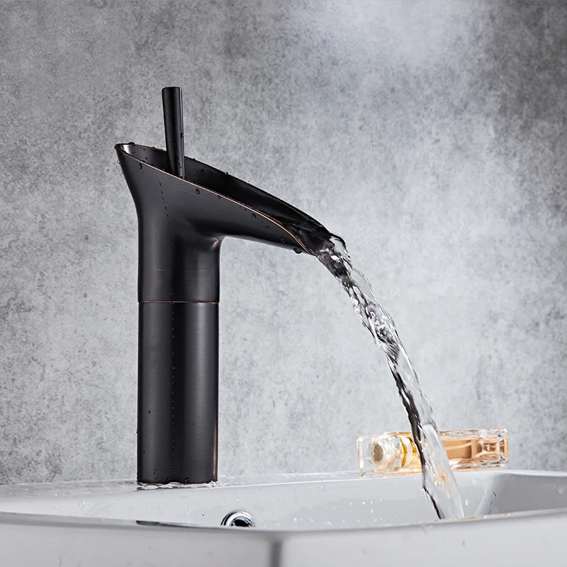 Bathroom Basin Faucet Sink Mixer Gun Grey Color Hot Cold Water Mixer Deak Mounted Waterfall Style Copper Sink Taps FR651