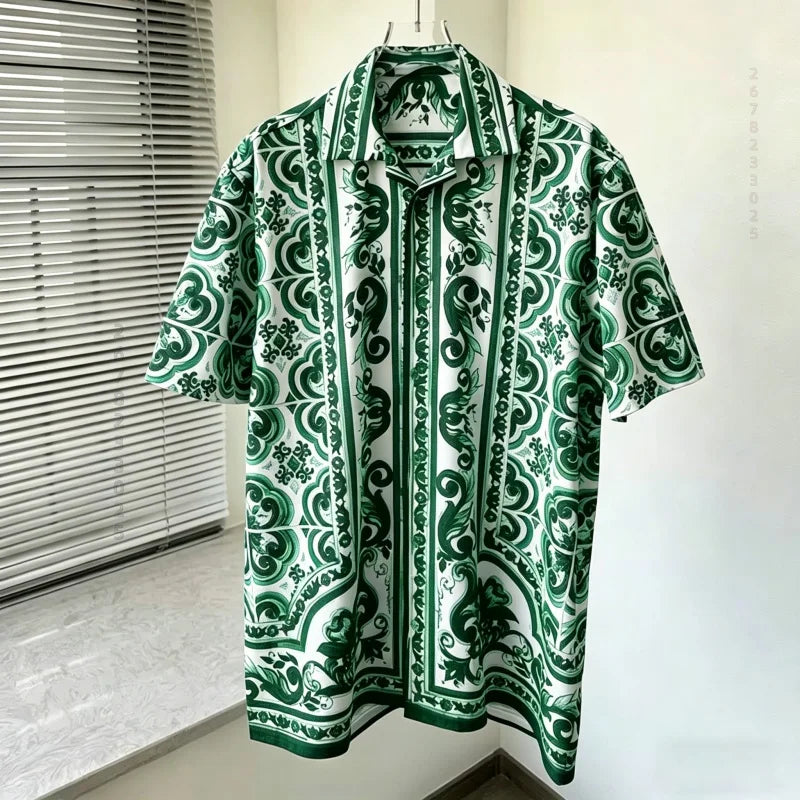 Men's shirts, summer Baroque printed shirts, loose oversized retro short sleeved shirts, vacation style versatile men's tops