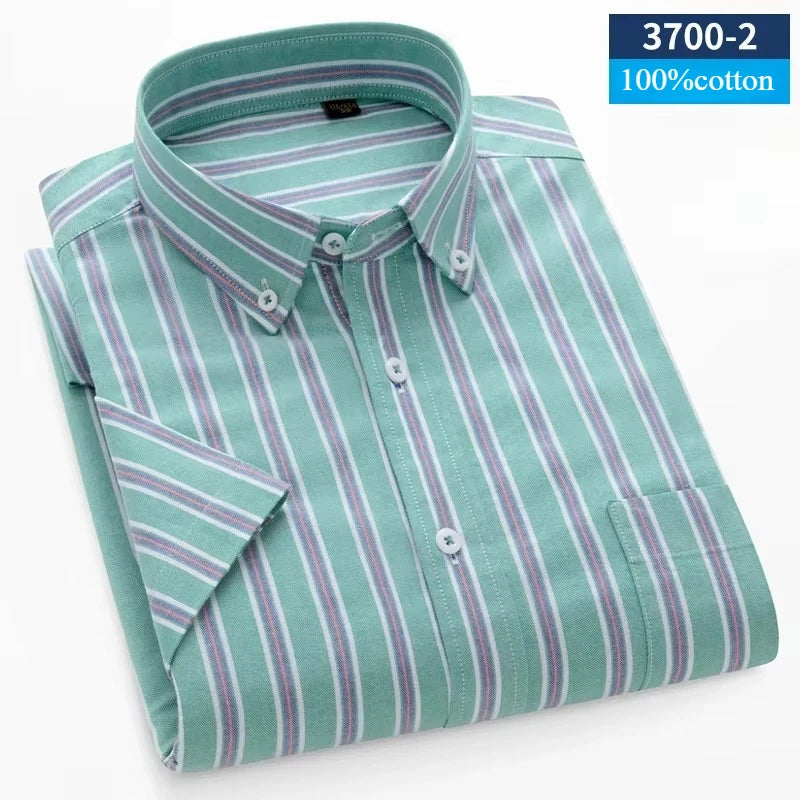 New In Shirt Summer 100%Cotton Short Sleeve Shirts for Men Slim Fit Formal Plain Shirt Designer Plaid Korean Popular Clothes