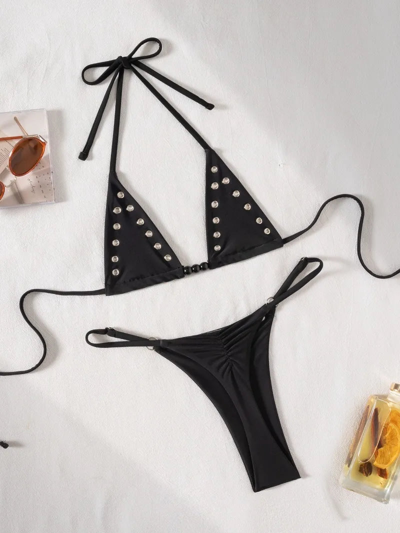 Retro Polka Dot Bikini Set Women Swimsuit Female Swimwear Micro Thong Bikinis Brazilian Halter Beach Wear Lace Up Bathing Suit