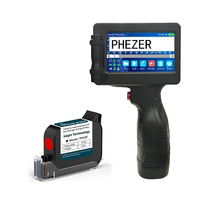 Phezer 1755 Handheld Inkjet Printer 12.7mm Portable Label Printing Machine Expiry Date Number QR Bar Code Logo Red Blue Black