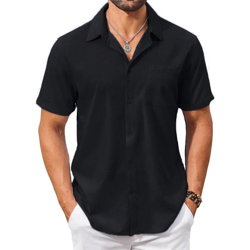 Cotton Linen Breathable Shirt for Men Solid Color Turn Down Collar Male Stylish Summer Short Sleeve Shirts Fashion Clothing