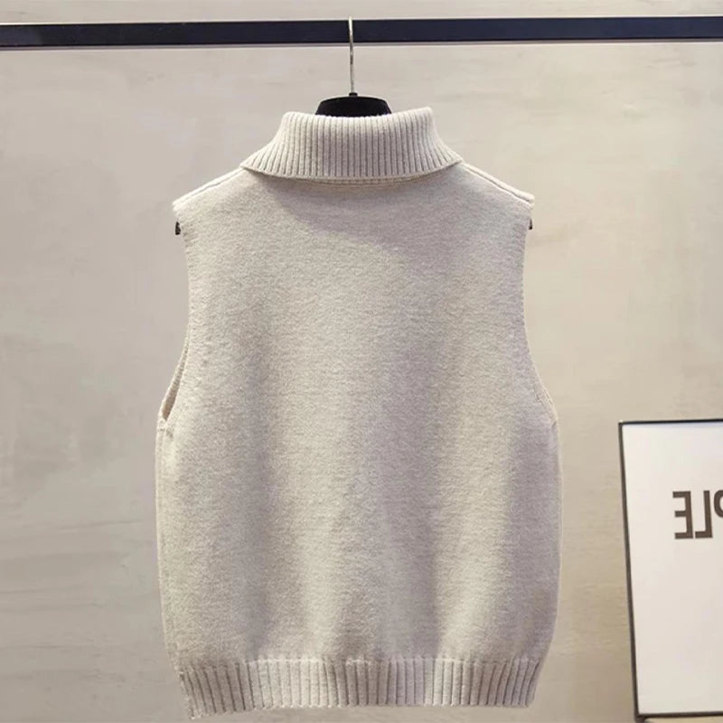 Autumn Winter Korean Solid Color Lapel Sleeveless Versatile Casual Knitted Vest For Women