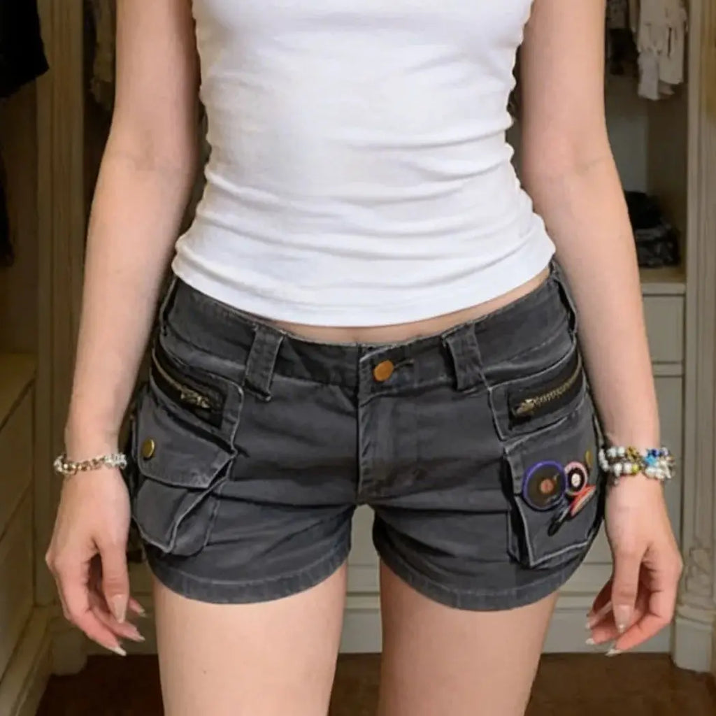 Women's Grey Cargo Jeans Shorts Pocket Y2K Japanese Harajuku High Street 2000S Style Aesthetic Sexy Retro Denim Shorts Clothing