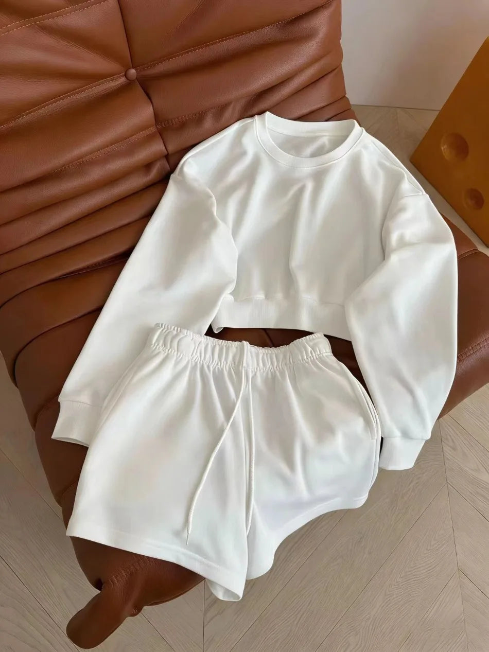 Women's Round-Neck Long-Sleeved Loose Couple Hoodie Set, Solid Color and Simple