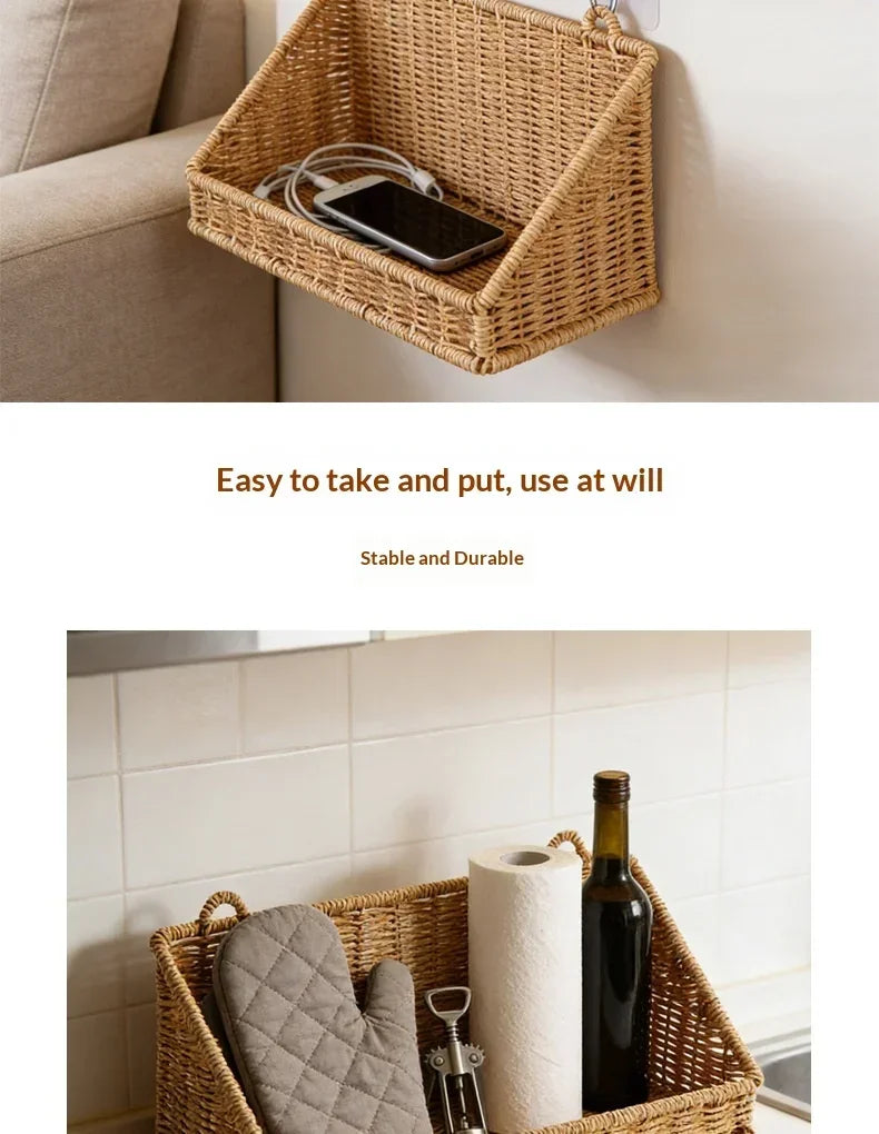 Woven Imitation Rattan Wall Mounted Storage Basket Slanted Shelf Organizer for Kitchen Living Room Bathroom Bedroom Balcony