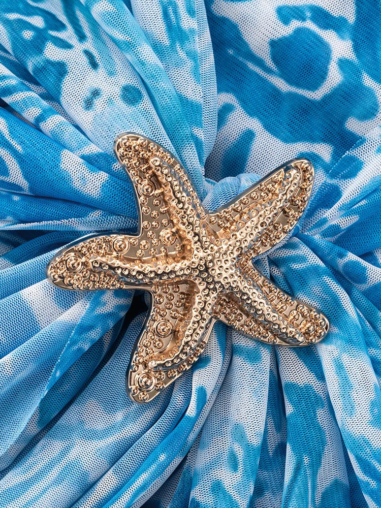 Women Blue Print Mesh Short Dresses Chic Sexy Summer Long Sleeve See-through Bandage Starfish Holiday Beach Dress Streetwear Hot